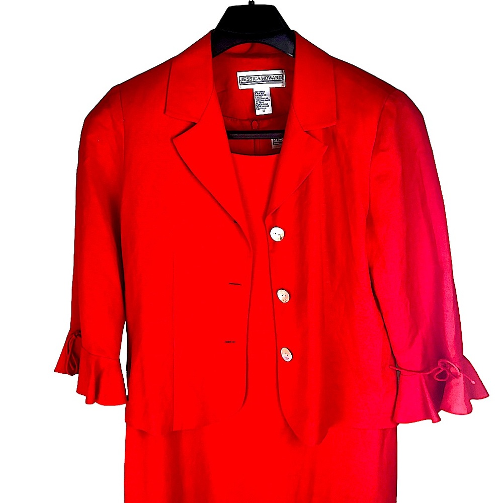 Jessica Howard 2 piece red! Linen & rayon underdress fully lined 3/4 sleeve